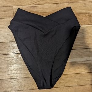 Aerie Ribbed High Cut crossover Cheeky Swimsuit Bottoms in Black, Size Large
